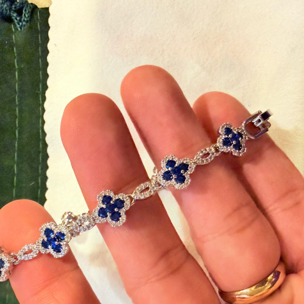Women's Blue Sapphire Flower Link Bracelet - Sterling Silver - Picture 5 of 6
